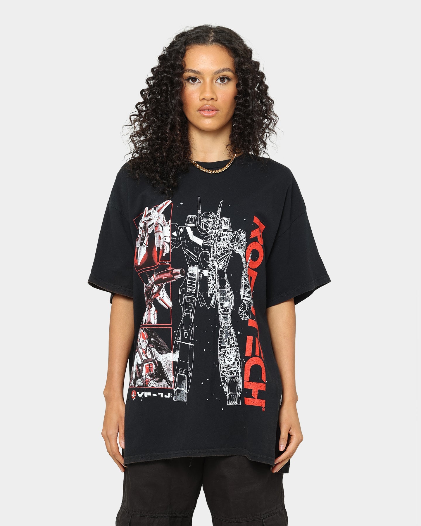 American Thrift X Robotech VFIJ Vintage T-Shirt Washed Black Style001
