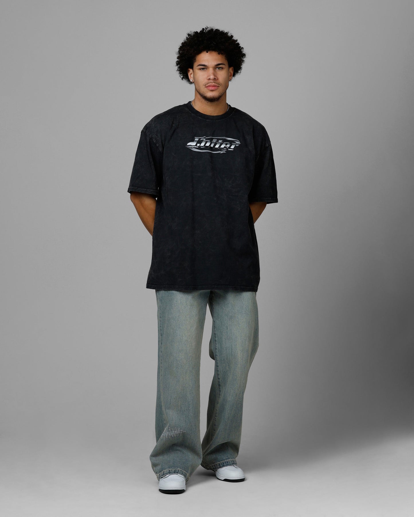 Loiter Chrome Logo T-Shirt Black Acidwash