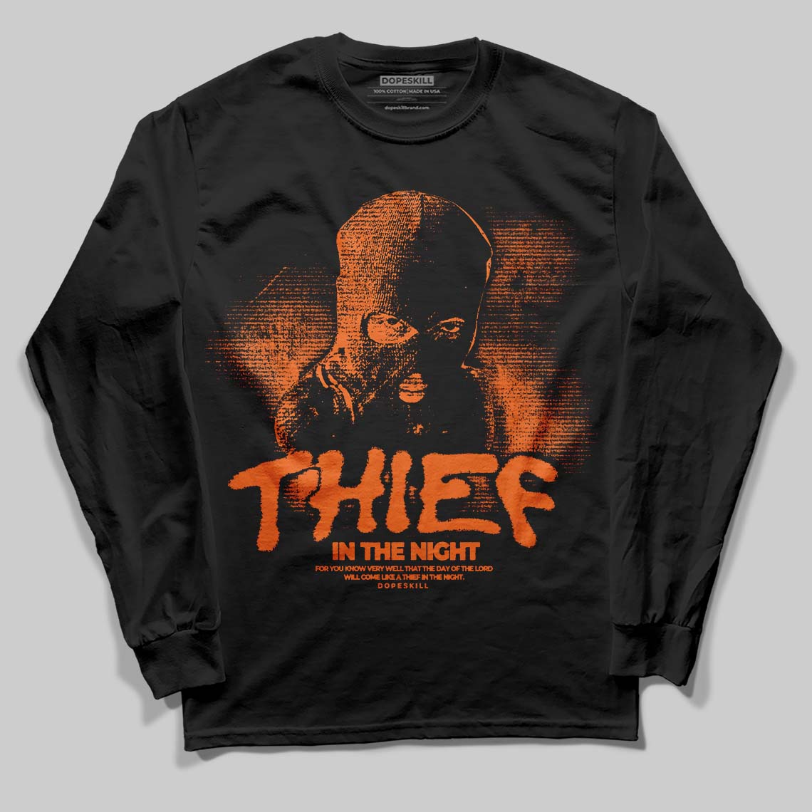 Orange Black White DopeSkill Long Sleeve T-Shirt Thief In The Night Graphic