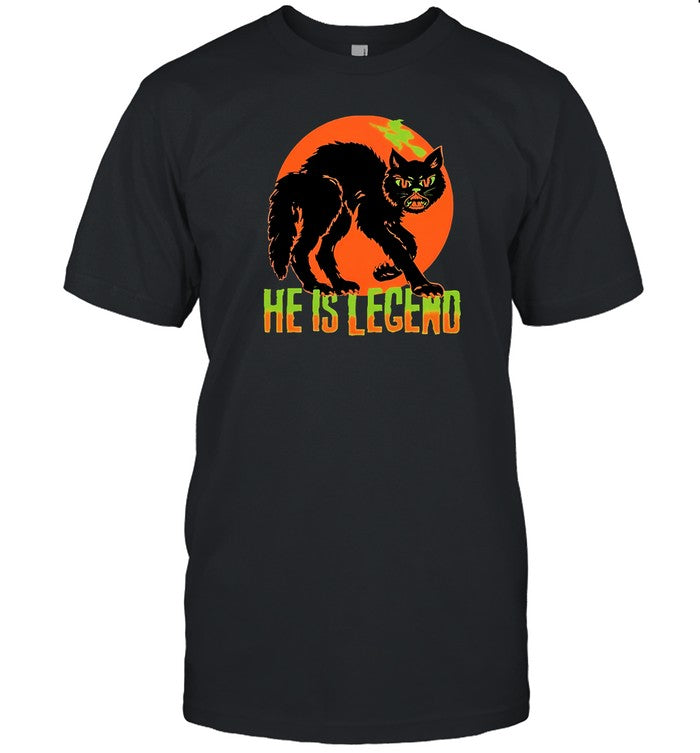 He Is Legend Spooky Cat Halloween Black T Shirt