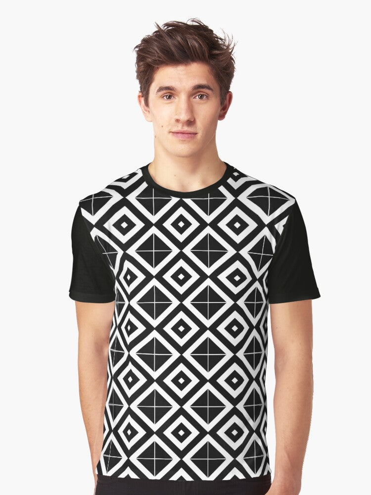 Black and White Diamond Optical Illusion Geometric Pattern All Over T-Shirt – Modern Minimalist Design Graphic T-Shirt