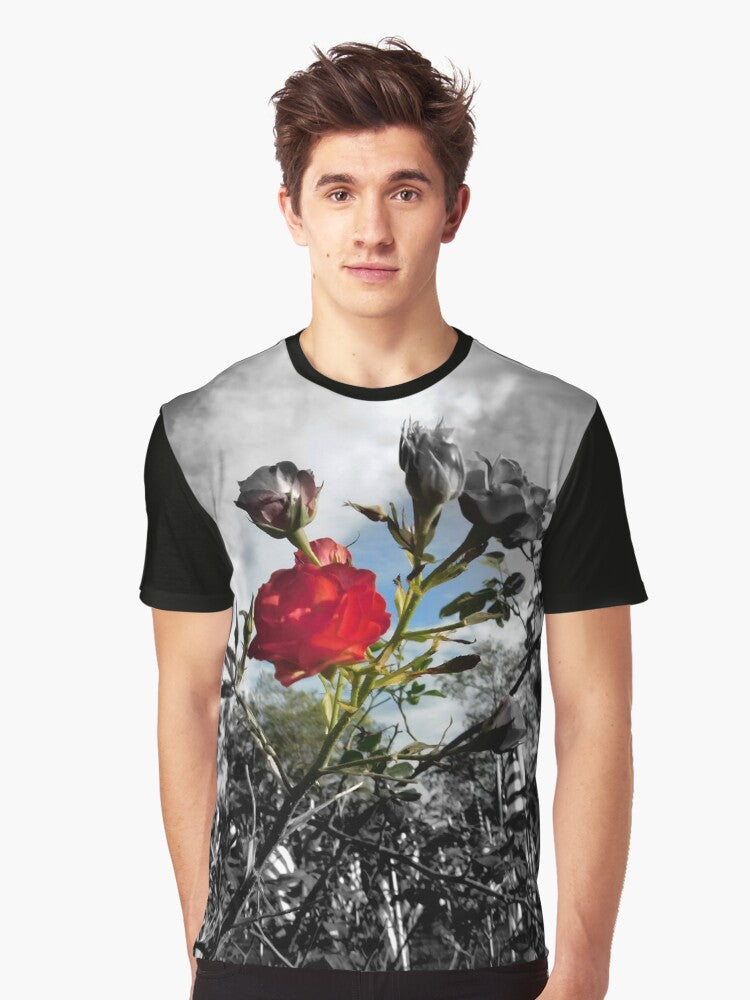 Red Rose with Black and White American Flag Nature Background Graphic T-Shirt