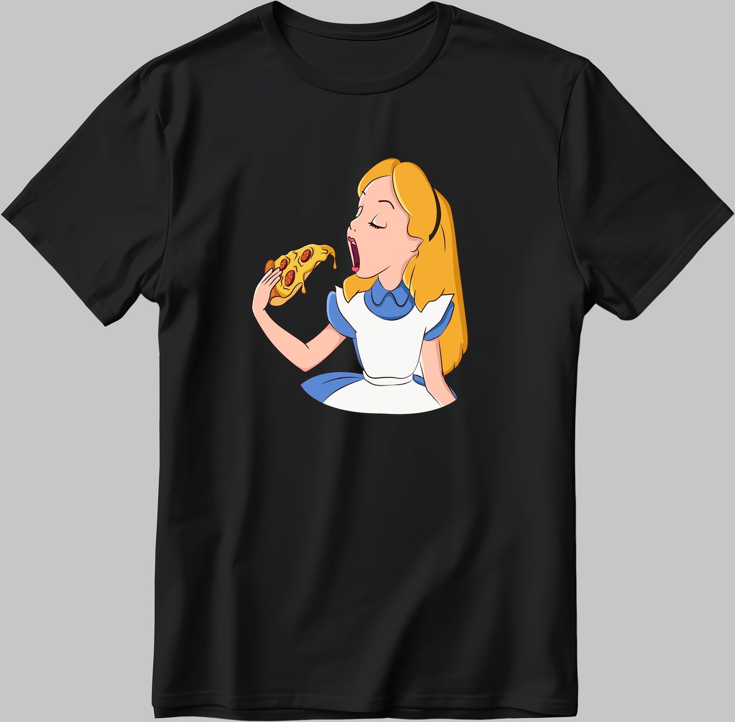 Alice in Wonderland Eating Pizza Disney Short Sleeve White-Black Men's / Women's T Shirt C039