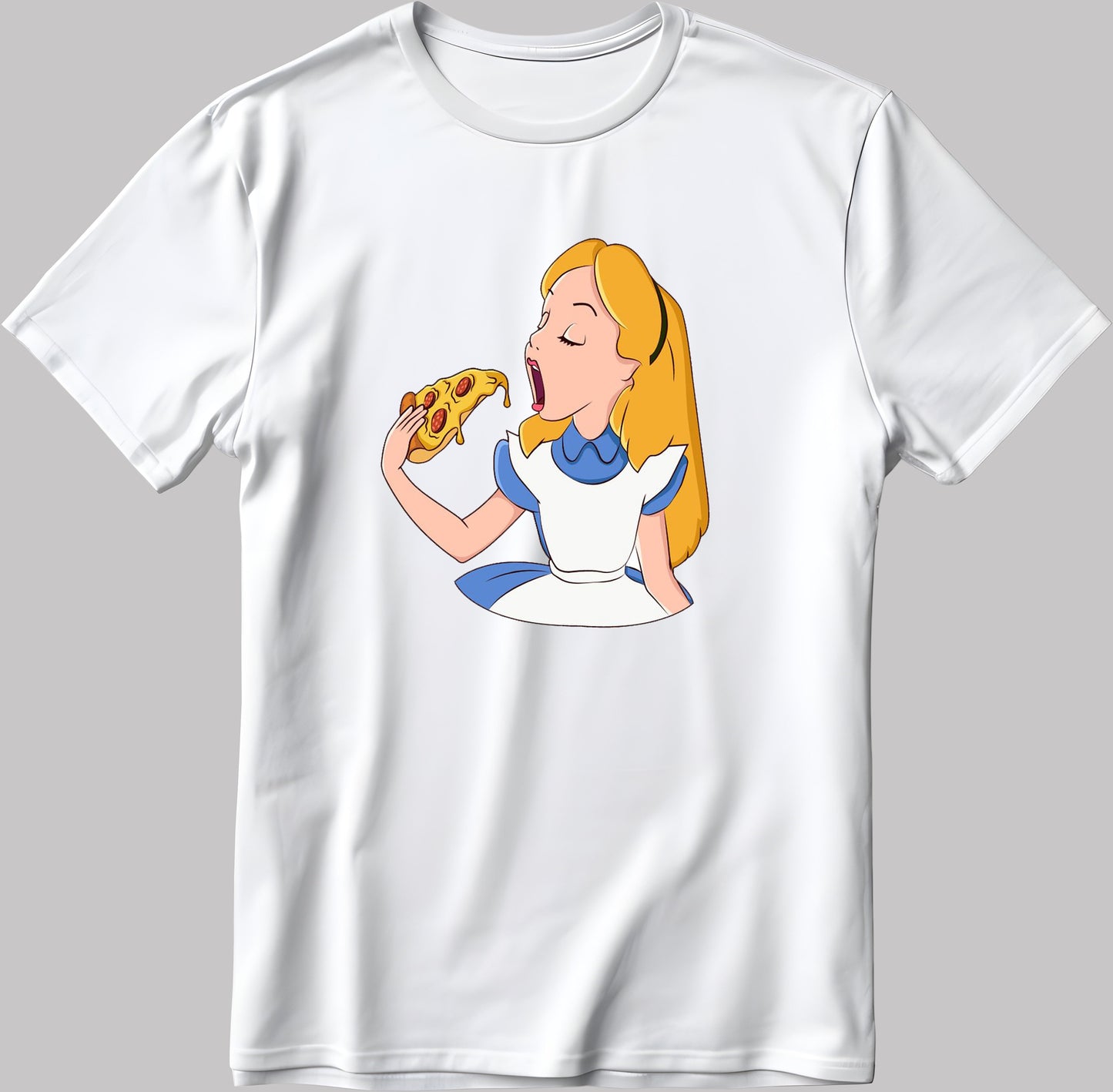 Alice in Wonderland Eating Pizza Disney Short Sleeve White-Black Men's / Women's T Shirt C039