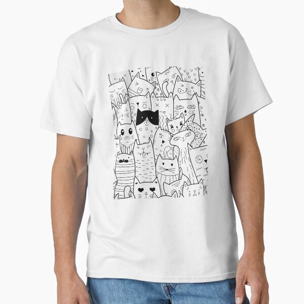 Doodle Cat Pattern Black and White Cute Cats Design Classic T-Shirt