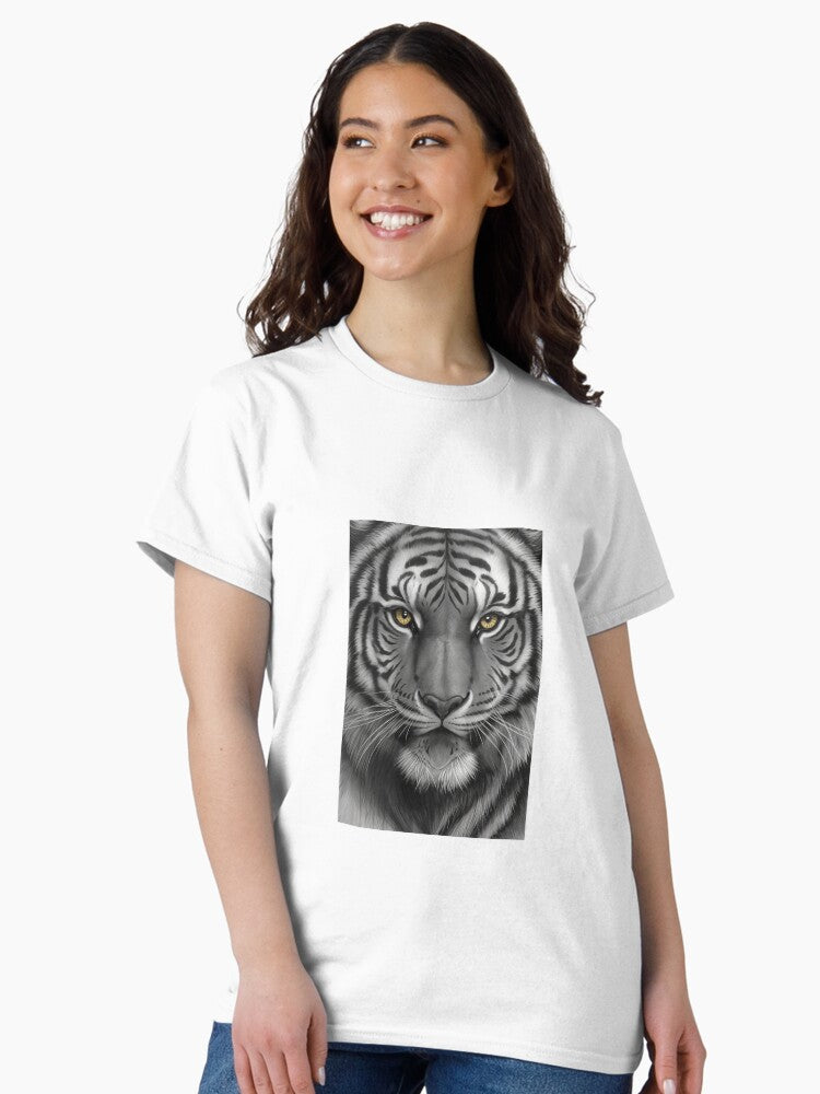 A black and white tiger with yellow eyes stared straight at the viewer. Classic T-Shirt