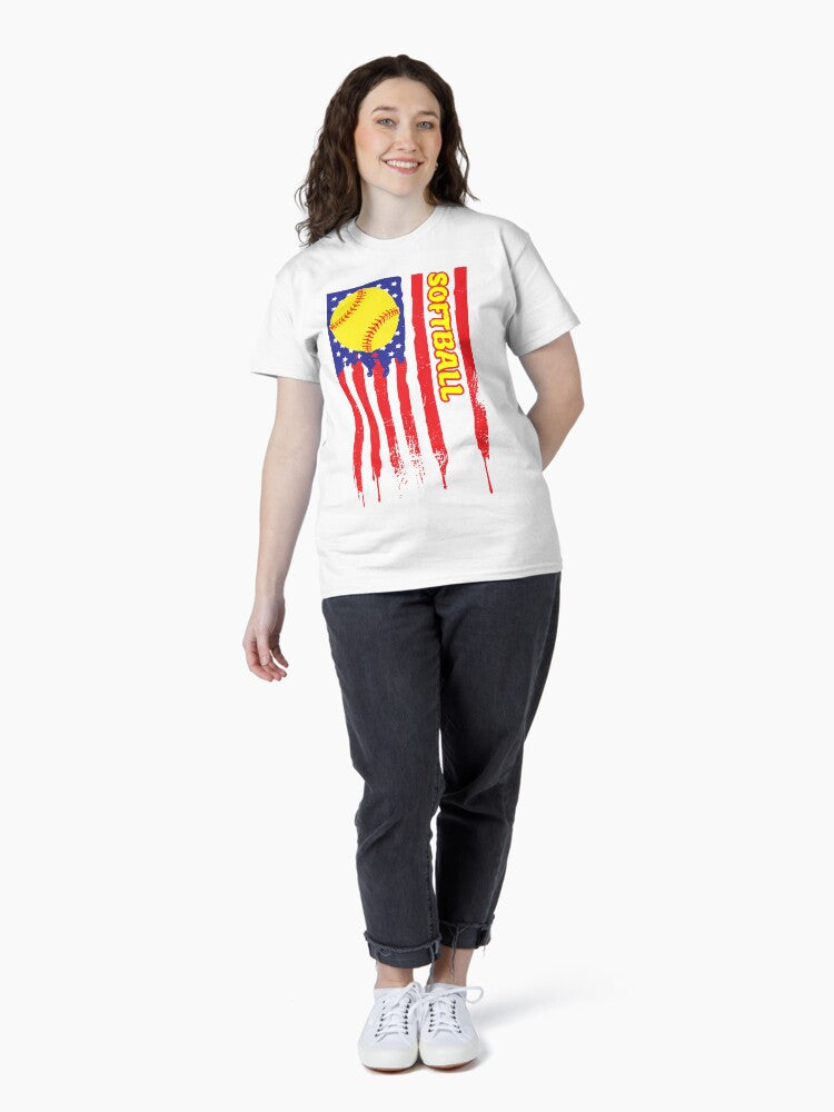 Softball US Flag Vintage Classic T-Shirt Style001