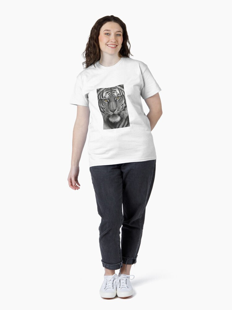 A black and white tiger with yellow eyes stared straight at the viewer. Classic T-Shirt