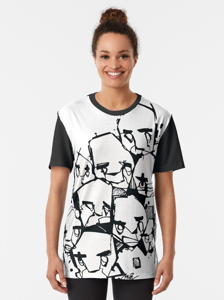 Stylized Oneline Faces (black + white) Graphic T-Shirt