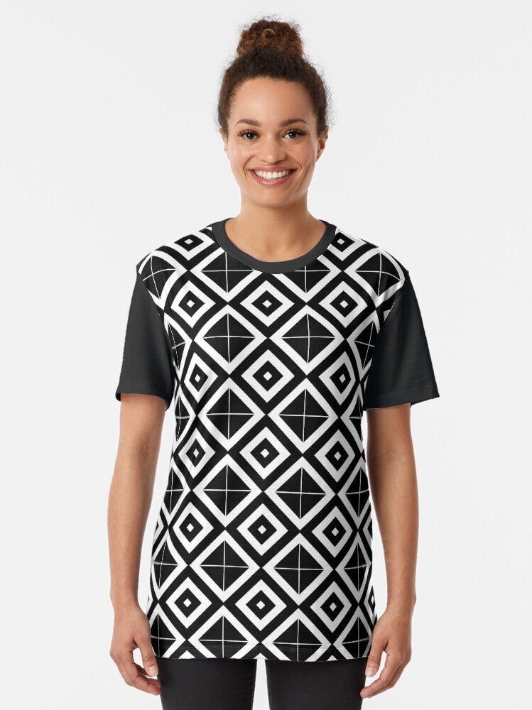 Black and White Diamond Optical Illusion Geometric Pattern All Over T-Shirt – Modern Minimalist Design Graphic T-Shirt