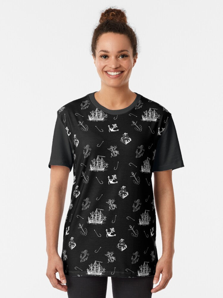 Monochrome - Black and White Ship and Anchor Abstract Pattern Graphic T-Shirt