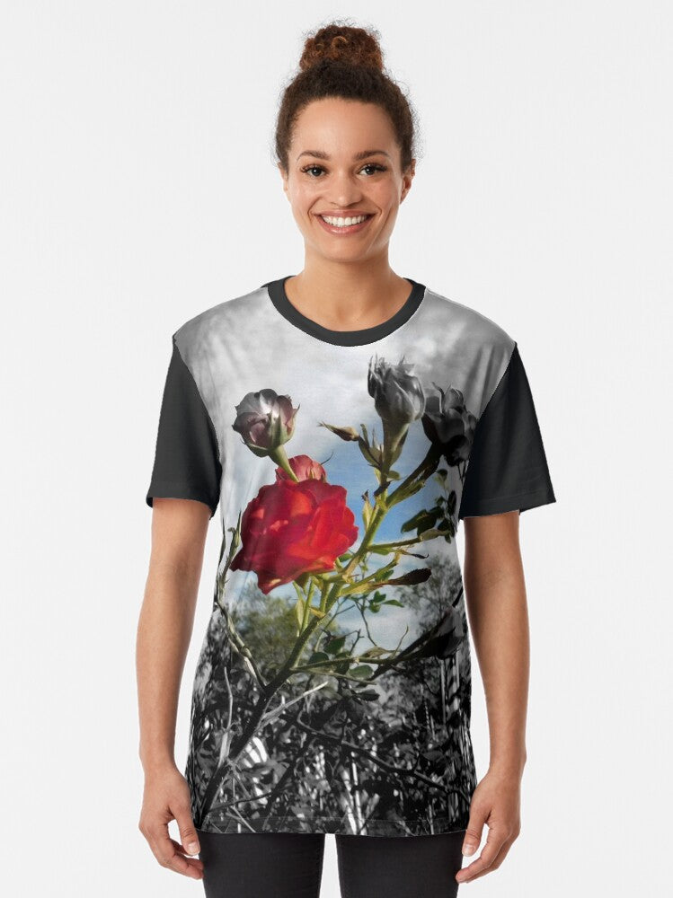 Red Rose with Black and White American Flag Nature Background Graphic T-Shirt