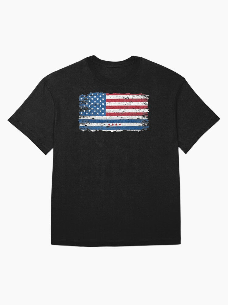 American flag with flag of Chicago City Vintage Grunge 4th of July Oversized T-Shirt