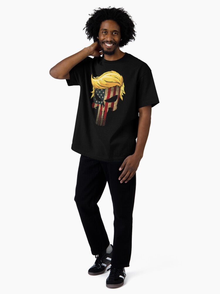 Trump Hair Skull Shirt - 4th of july US Flag Trump Gift Oversized T-Shirt