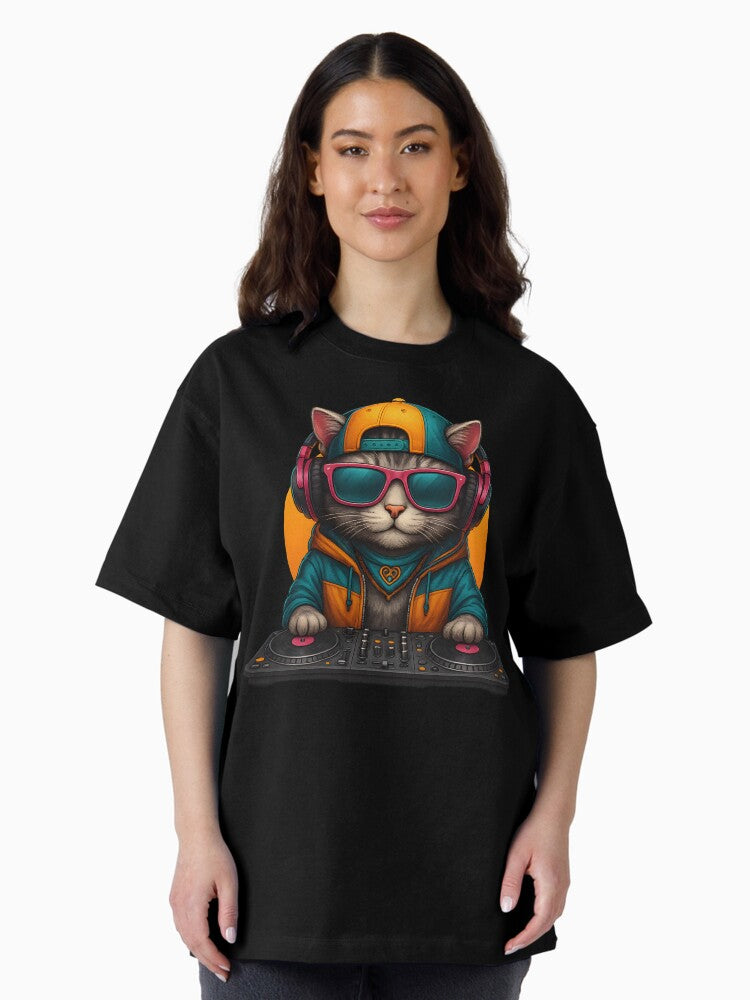 DJ Cat in Hoodie Mixing on Turntables Oversized T-Shirt