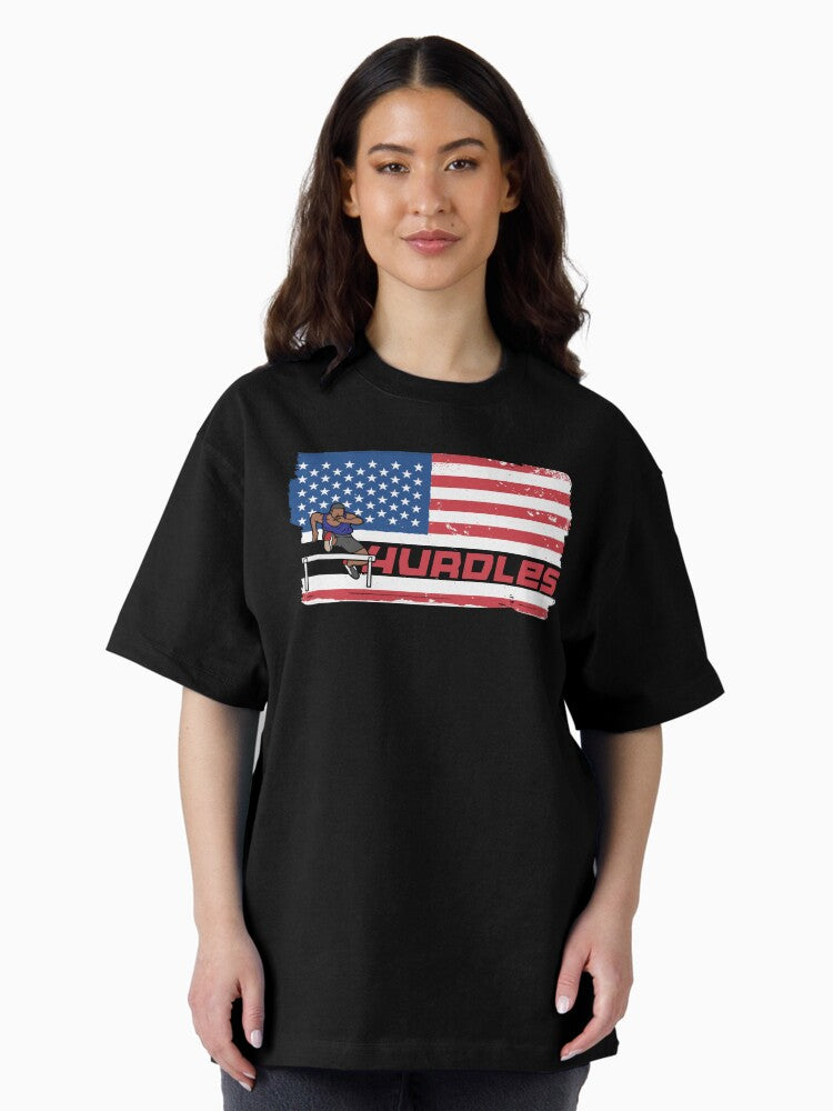 Vintage Grunge US Flag Patriotic Track Competition Hurdles Oversized T-Shirt