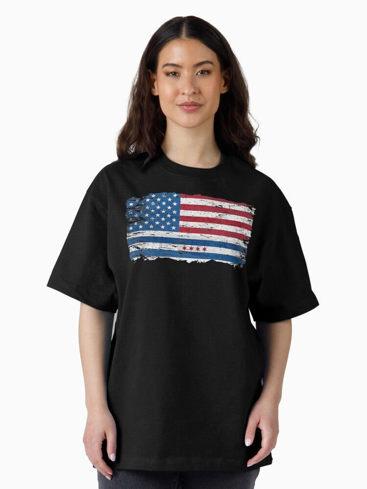 American flag with flag of Chicago City Vintage Grunge 4th of July Oversized T-Shirt