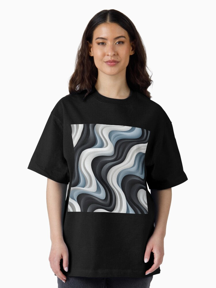 Monochrome Rhapsody: Captivating Black and White Wave Patterns Oversized T-Shirt