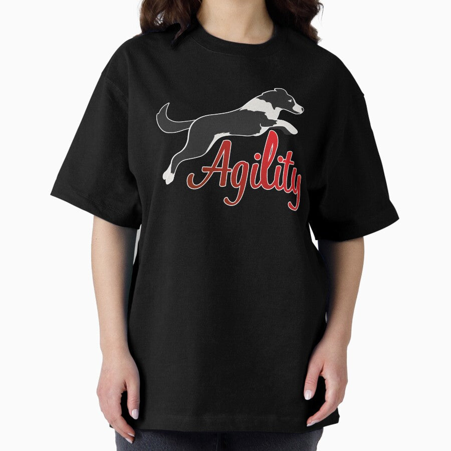 Black And White Border Collie Jumping And Agility In Red Oversized T Shirt