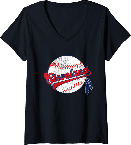 Womens Vintage Cleveland Baseball V-Neck