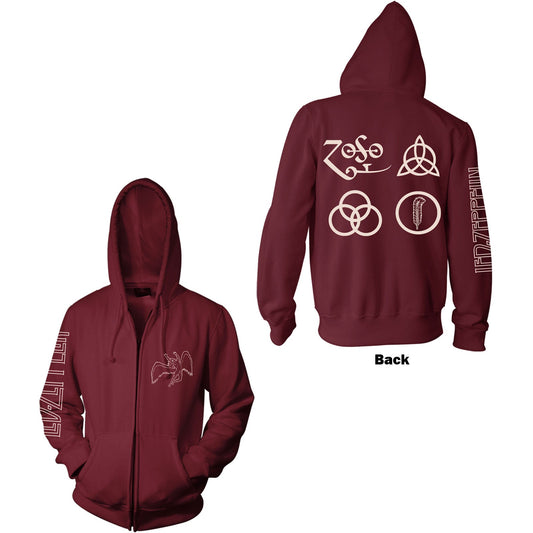 Led Zeppelin Unisex Zipped Hoodie: Symbols (Back Print) Red