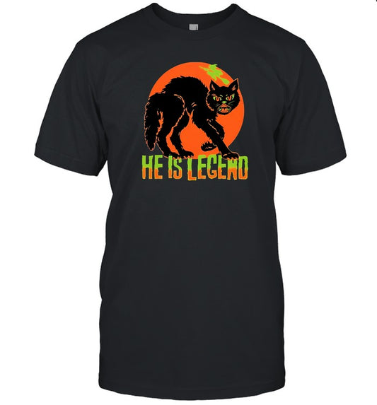He Is Legend Spooky Cat Halloween Black T Shirt