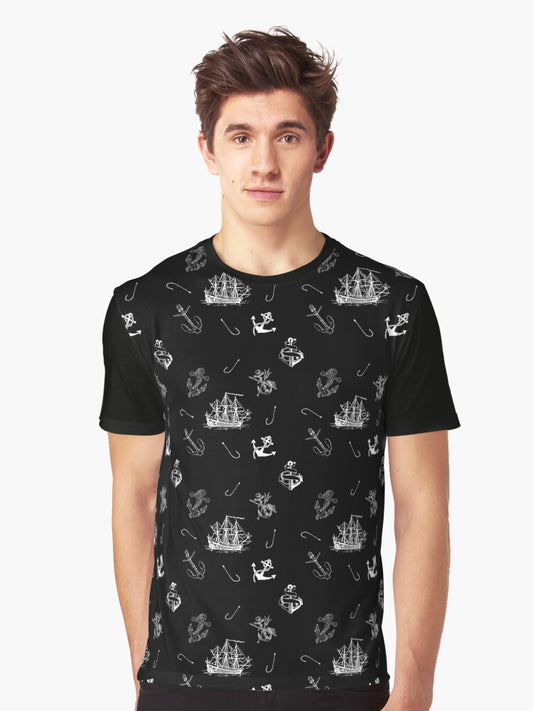Monochrome - Black and White Ship and Anchor Abstract Pattern Graphic T-Shirt
