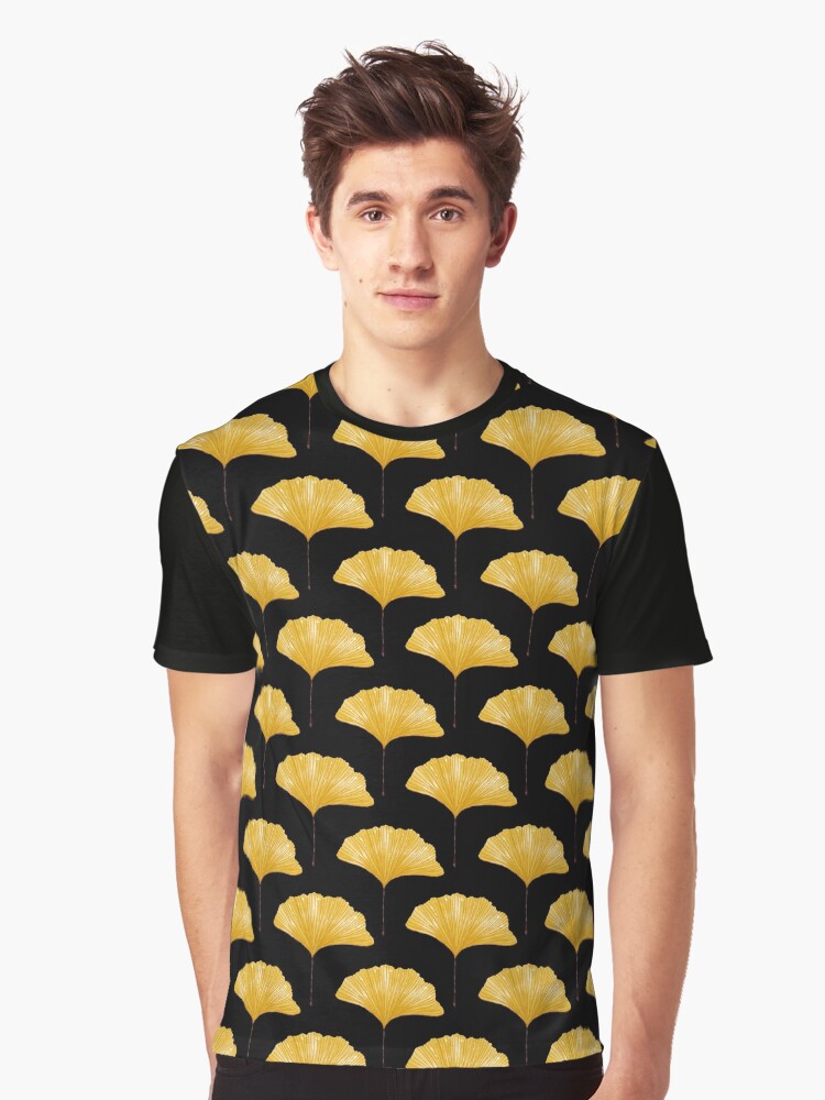 Watercolor Yellow Ginkgo Leaves No.3 On Black Graphic T-Shirt