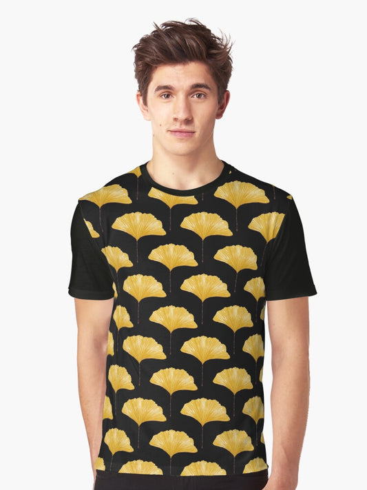 Watercolor Yellow Ginkgo Leaves No.3 On Black Graphic T-Shirt