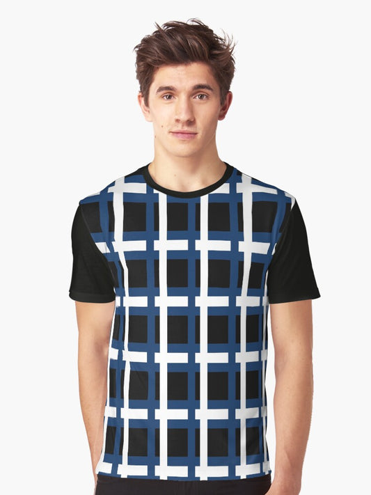 Black, Blue, White Striped Pattern Artistic Design Graphic T-Shirt