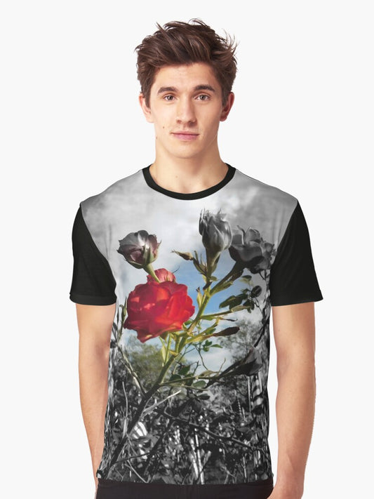 Red Rose with Black and White American Flag Nature Background Graphic T-Shirt