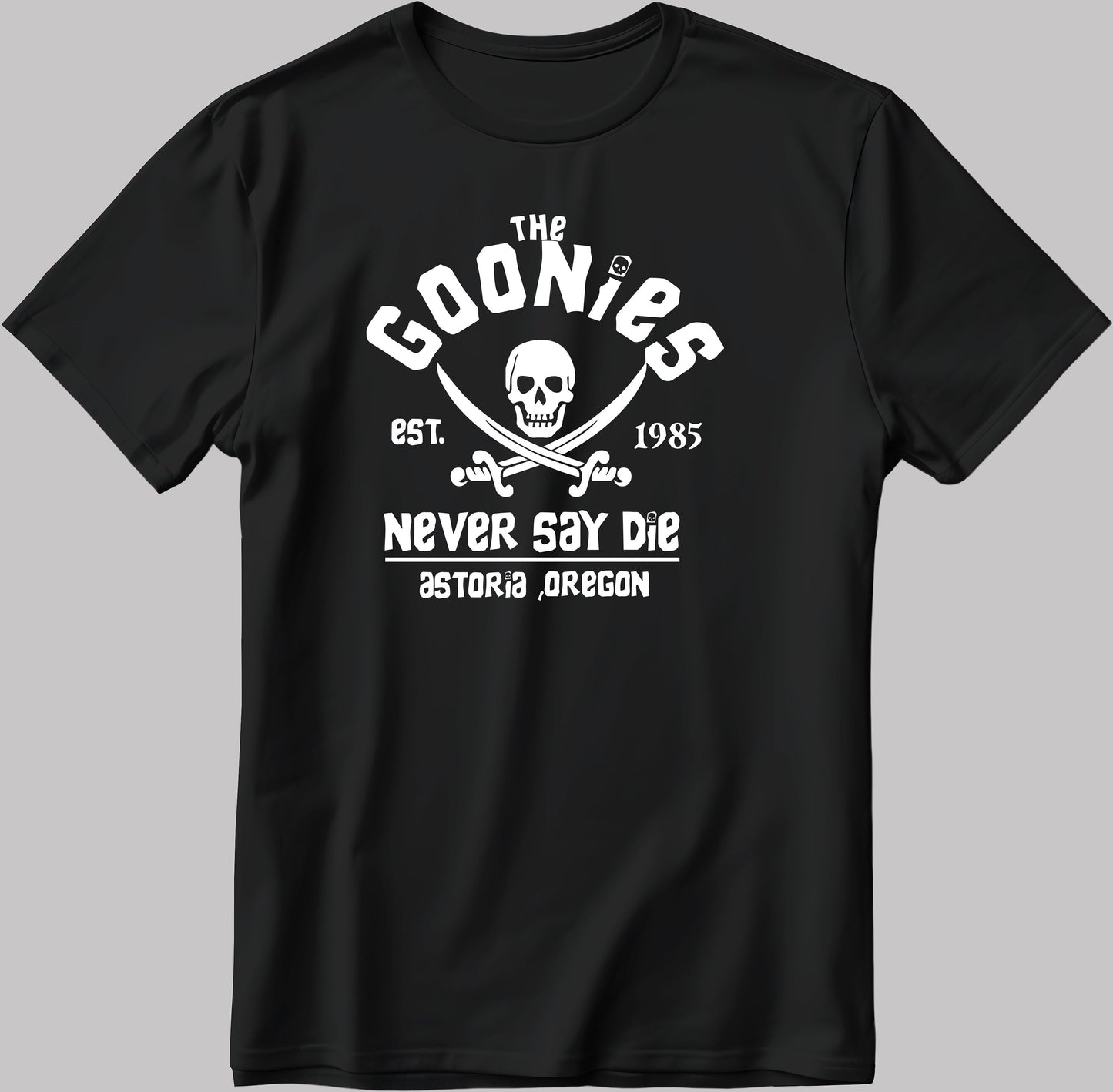 Distressed Goonies Never Say Die, Short Sleeve White-Black Men's / Women's T Shirt K1038