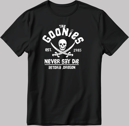 Distressed Goonies Never Say Die, Short Sleeve White-Black Men's / Women's T Shirt K1038