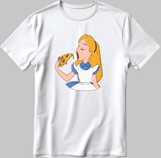 Alice in Wonderland Eating Pizza Disney Short Sleeve White-Black Men's / Women's T Shirt C039