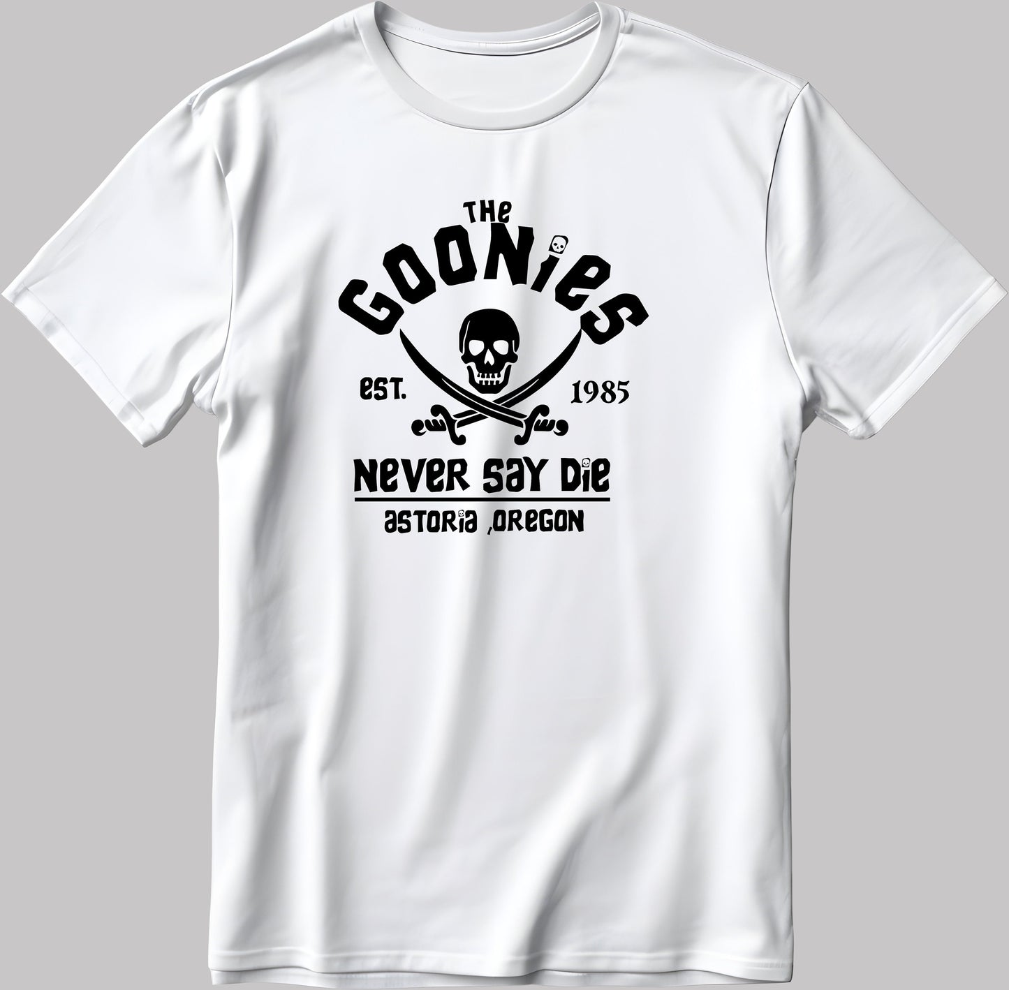 Distressed Goonies Never Say Die, Short Sleeve White-Black Men's / Women's T Shirt K1038