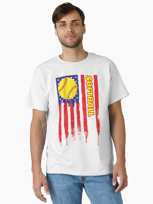 Softball US Flag Vintage Classic T-Shirt Style001