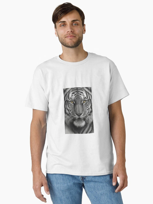A black and white tiger with yellow eyes stared straight at the viewer. Classic T-Shirt