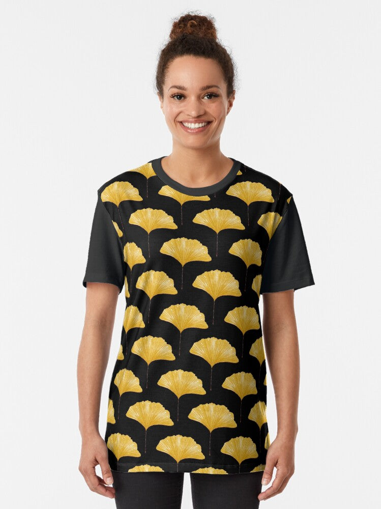 Watercolor Yellow Ginkgo Leaves No.3 On Black Graphic T-Shirt
