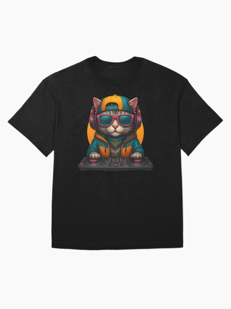 DJ Cat in Hoodie Mixing on Turntables Oversized T-Shirt