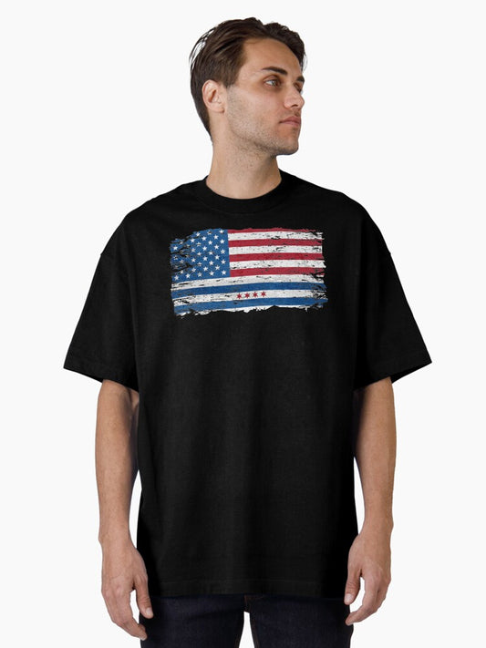 American flag with flag of Chicago City Vintage Grunge 4th of July Oversized T-Shirt