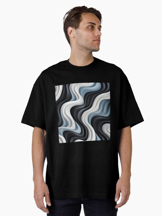 Monochrome Rhapsody: Captivating Black and White Wave Patterns Oversized T-Shirt