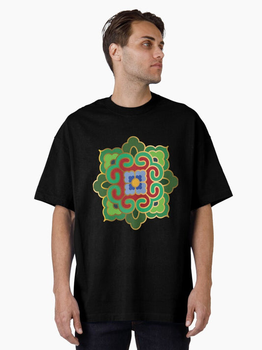 Korean Traditional Gold Pattern Style 4 on Black BG Oversized T-Shirt