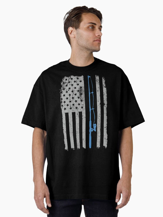 Fishing American Flag Vintage Fishing Rod Patriotic 4ht of July Gift for USA Fisherman Oversized T-Shirt