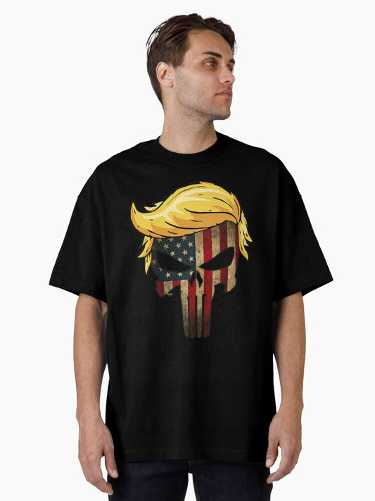 Trump Hair Skull Shirt - 4th of july US Flag Trump Gift Oversized T-Shirt
