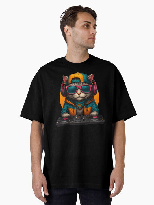 DJ Cat in Hoodie Mixing on Turntables Oversized T-Shirt