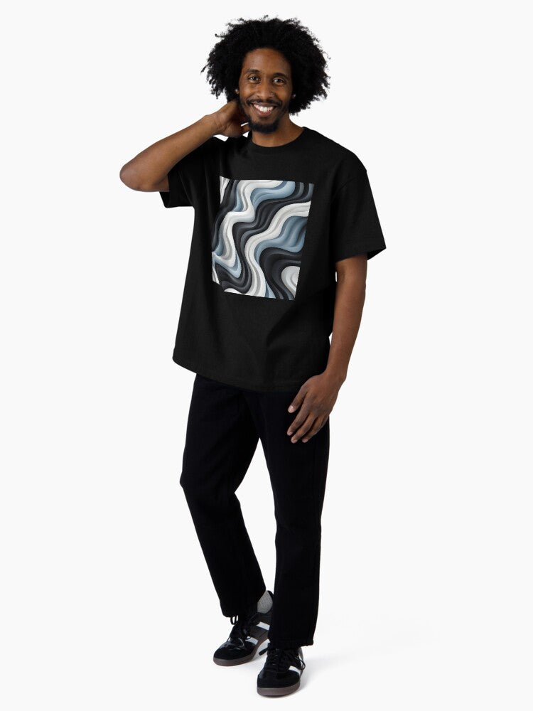 Monochrome Rhapsody: Captivating Black and White Wave Patterns Oversized T-Shirt
