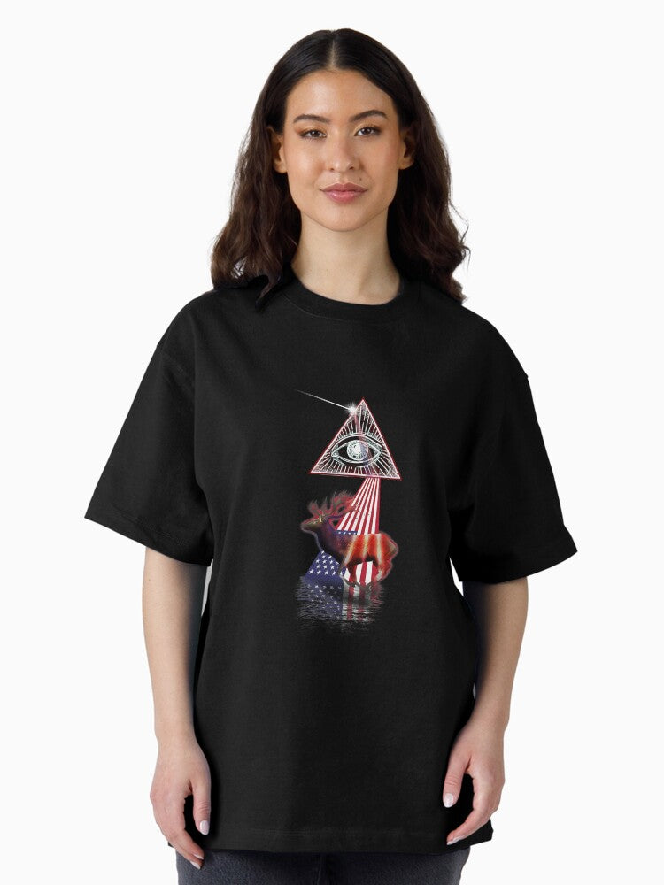 Vintage Retro Prism Us Flag Deer Oversized T-Shirt