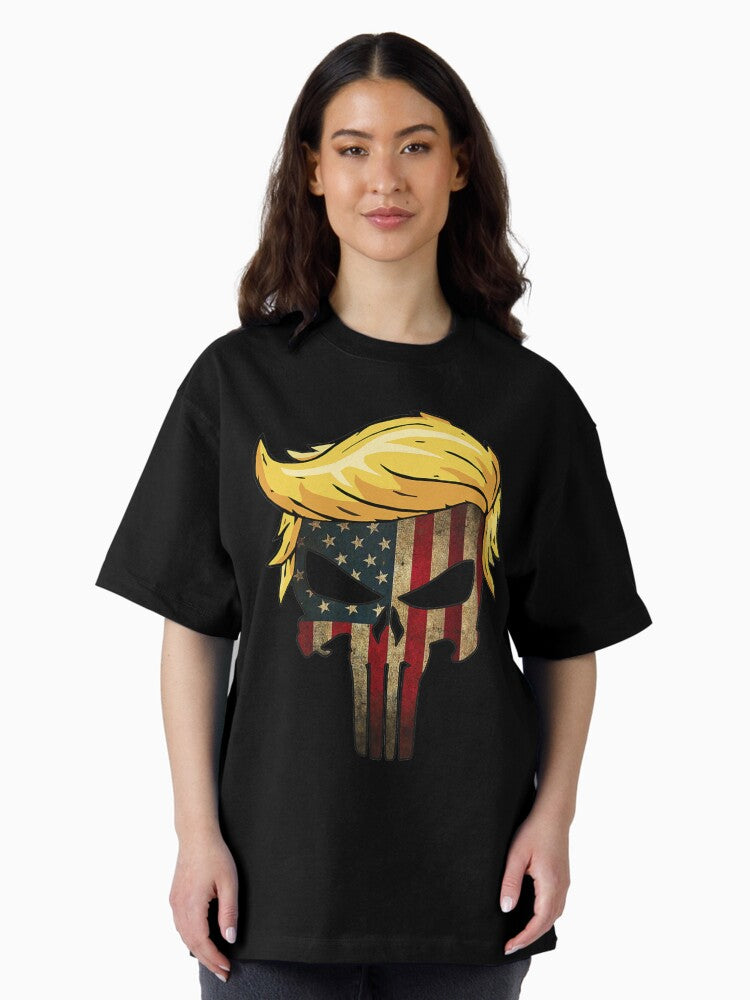 Trump Hair Skull Shirt - 4th of july US Flag Trump Gift Oversized T-Shirt