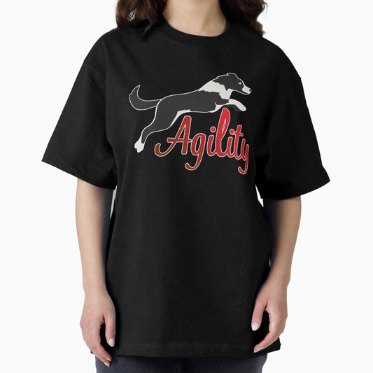 Black And White Border Collie Jumping And Agility In Red Oversized T Shirt